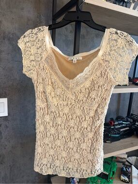CAbi Cream Lace V-Neck Short Sleeve Top